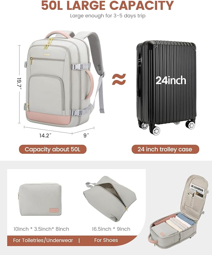 LOVEVOOK Large Travel Backpack For Women, 50L Carry On Backpack Flight Approved - Image 3