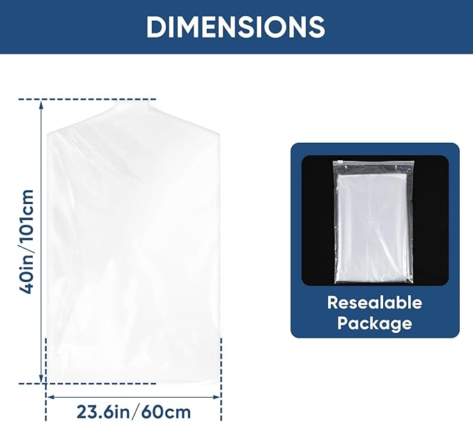 50 Pack 23.6"x40" Garment Bags for Hanging Clothes, Thick Clear Plastic Dry - Image 2