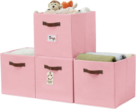 DECOMOMO Storage Baskets, 13x15x13 Storage Cube Bins with Labels for Organizing Shelves Kallax (Kallax / 4pcs, Pink)