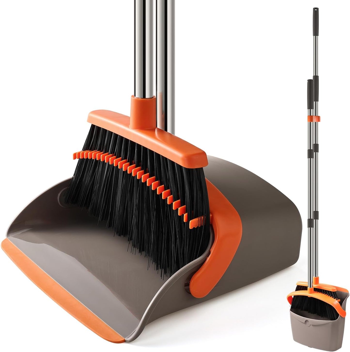 Broom and Dustpan Set, Upgraded Broom with Dustpan Combo Set with 56" Tall Adjustable Handle, Self-Cleaning Teeth, Upright Standing Dust Pan for Heavy Duty Indoor Outdoor Cleaning and Pet Hair
