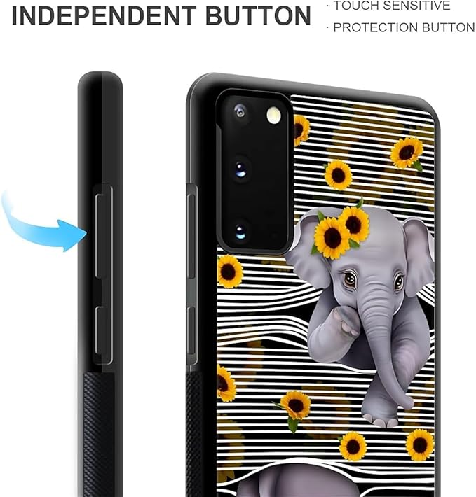 for Samsung Galaxy S20 Case, Cute Little Elephant Sunflower White Line Art - Image 6