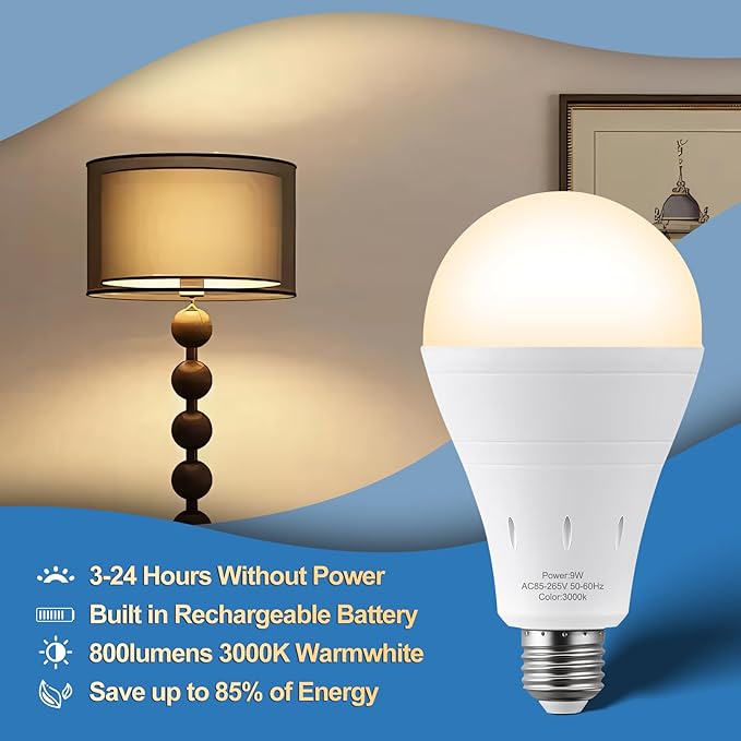 3Pack Rechargeable Emergency Light Bulb, A19 9W Warm White 3000K Self-Charging - Image 6