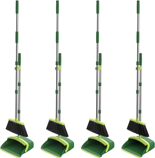 Broom and Dustpan Set, 52-in Long Adjustable Handle Broom Dustpan Combo with Dust pan Teeth to Automatically Clean Hair Suitable for Home Kitchen Office Hall Floor (Green), 4 Pack