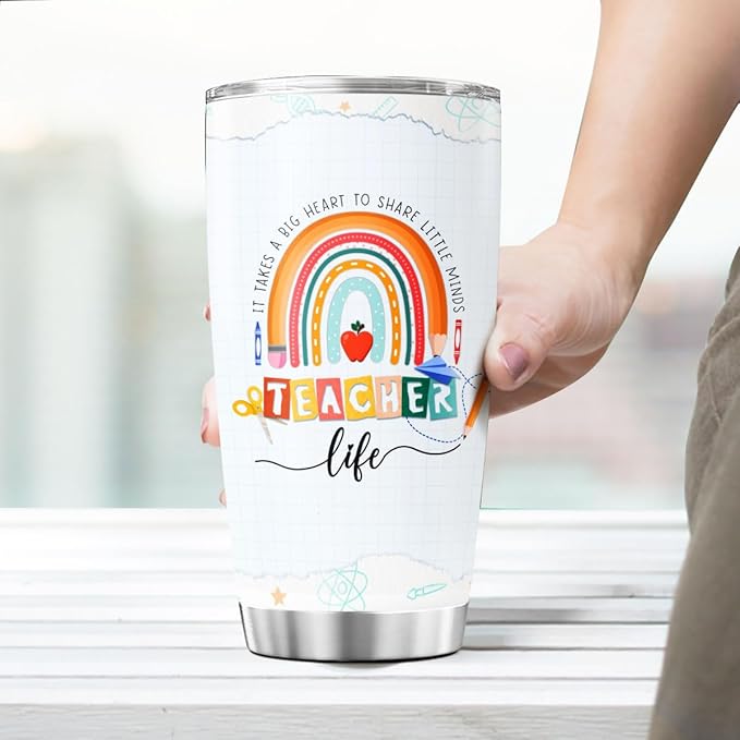 Teacher Appreciation Gift for Women, Cute Rainbow Design Stainless Steel Tumbler - Image 6
