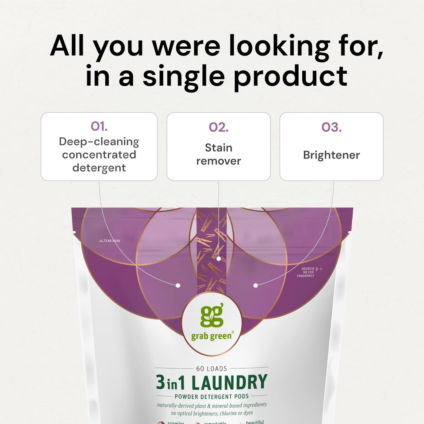 Grab Green 3-in-1 Laundry Detergent Pods, 132 Count, Lavender Vanilla Scent, Plant and Mineral Based, Superior Cleaning Power, Stain Remover, Brightens Clothes