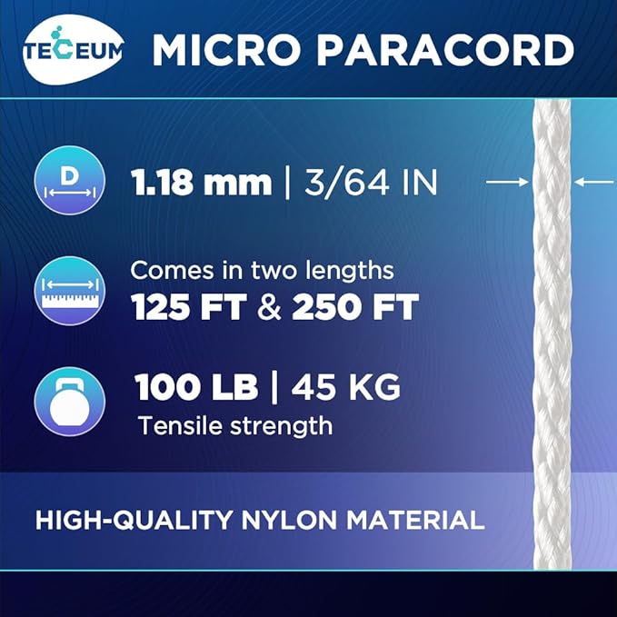 TECEUM Micro Paracord – 1.18 mm X 125 ft – Micro Utility Cord – Thin Braided - Image 2