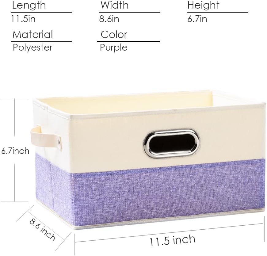 PRANDOM Fodable Storage Bins for Closet [3-pack] Decorative Fabric Storage Baskets Cubes with Leather/Metal Handles for Shelves Bedroom Living Room Purple&Cream (11.5x8.5x6.7 Inch)