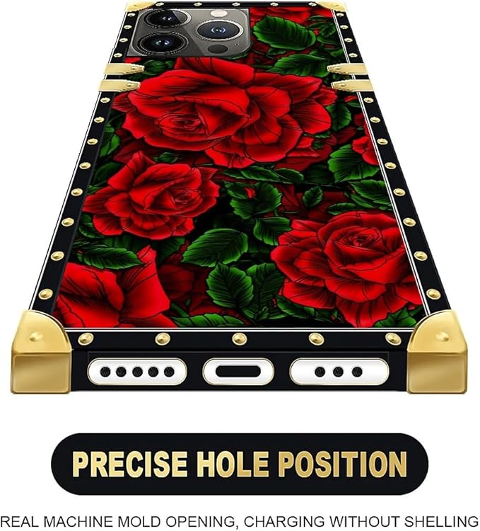Compatible with iPhone 15 Pro Case, Vector Red Rose Green Leaf Luxury Golden - Image 5