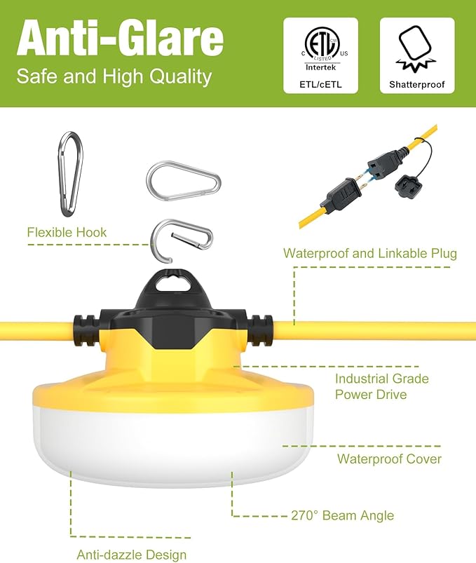 100FT Construction String Lights 3Prong Temp Lighting, 130W 16000LM Industrial - Image 3