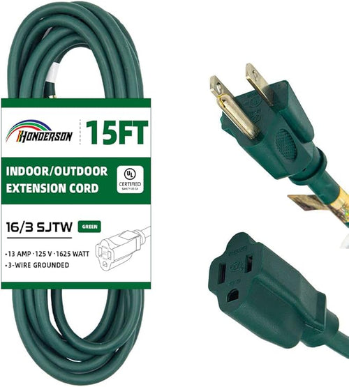 15FT Outdoor Extension Cord-16/3 SJTW Durable Green Extension Cable by HONDERSON