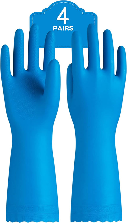 PACIFIC PPE 4 Pairs Reusable Dishwashing Cleaning Gloves with Latex Free, Cotton Lining, Kitchen Gloves, Blue, Medium