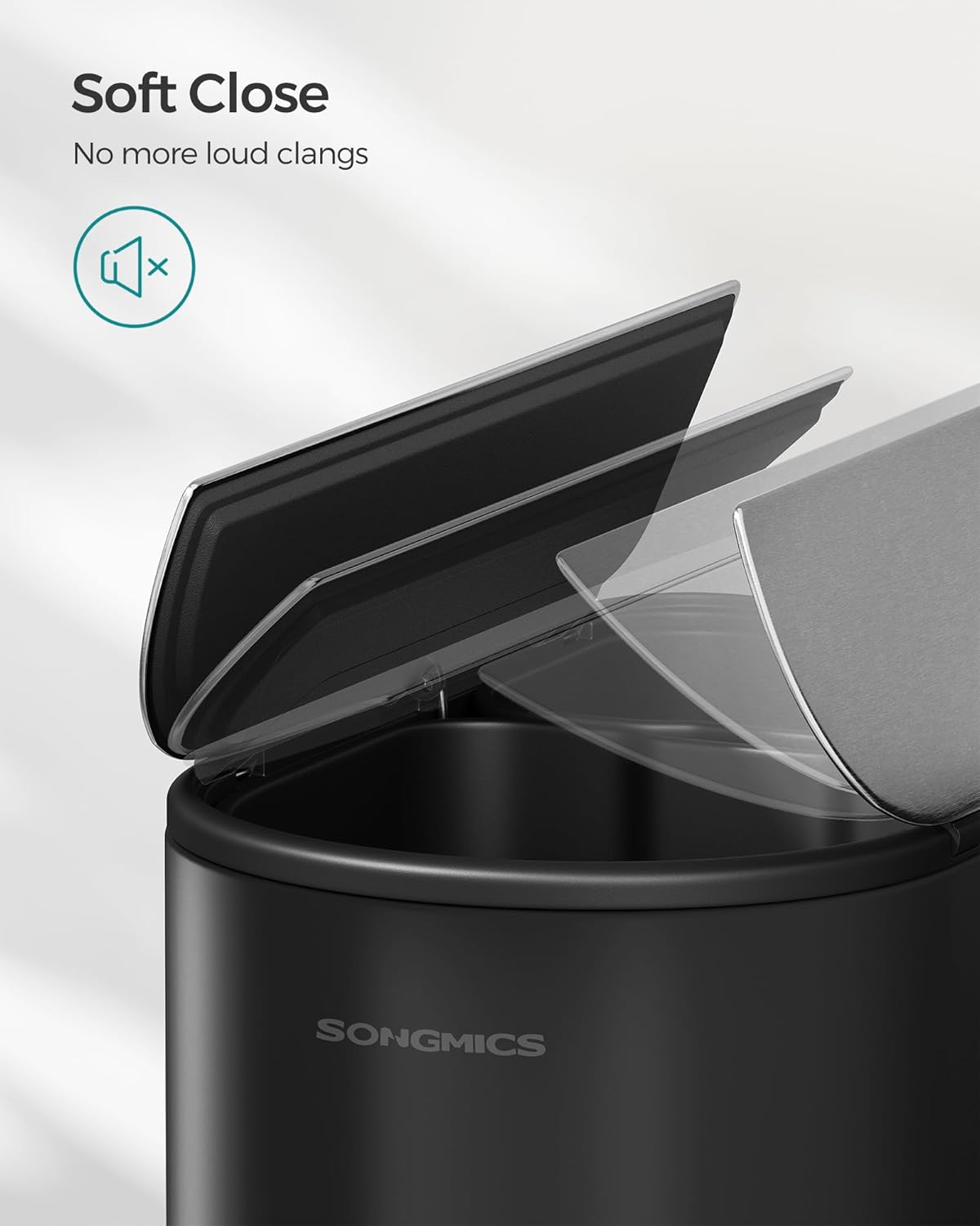 SONGMICS 13-Gallon Dual Kitchen Trash Can, 5.3 and 8 Gallon Compartments, Garbage Can with Wing Lids, Stainless Steel, Soft Close, Inner Buckets, Ink Black and Metallic Silver ULTB570B50
