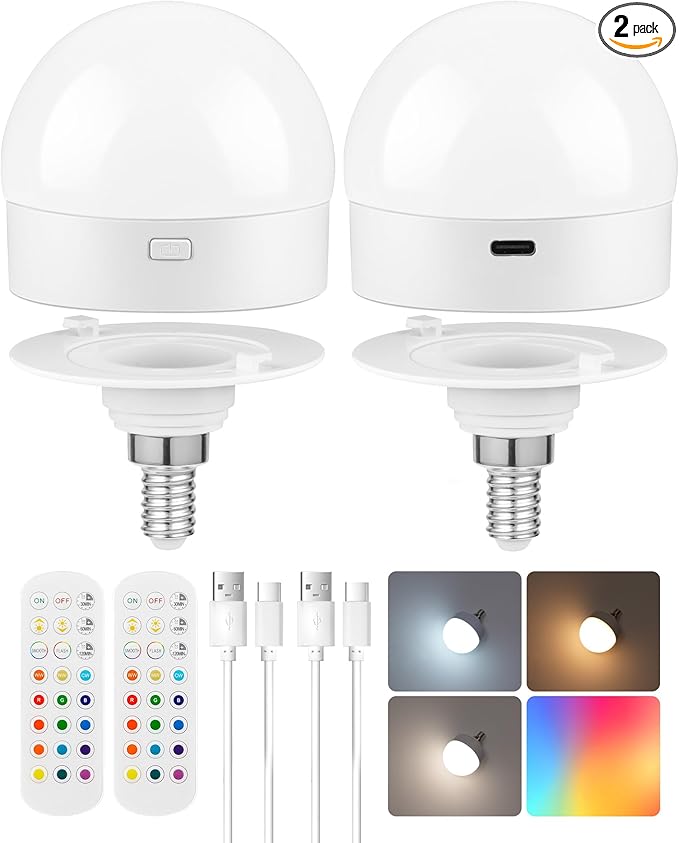 Rechargeable Light Bulbs with Remote Control, 2 Pack E12 Base Battery Operated by GOEBLESON