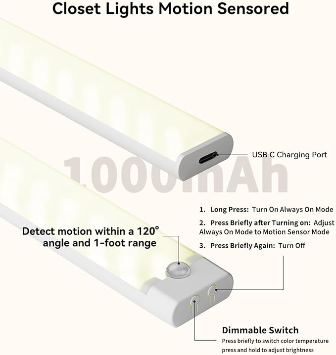 12 Inches Under Cabinet Lighting 3 Packs, Rechargeable Motion Sensor Light - Image 5