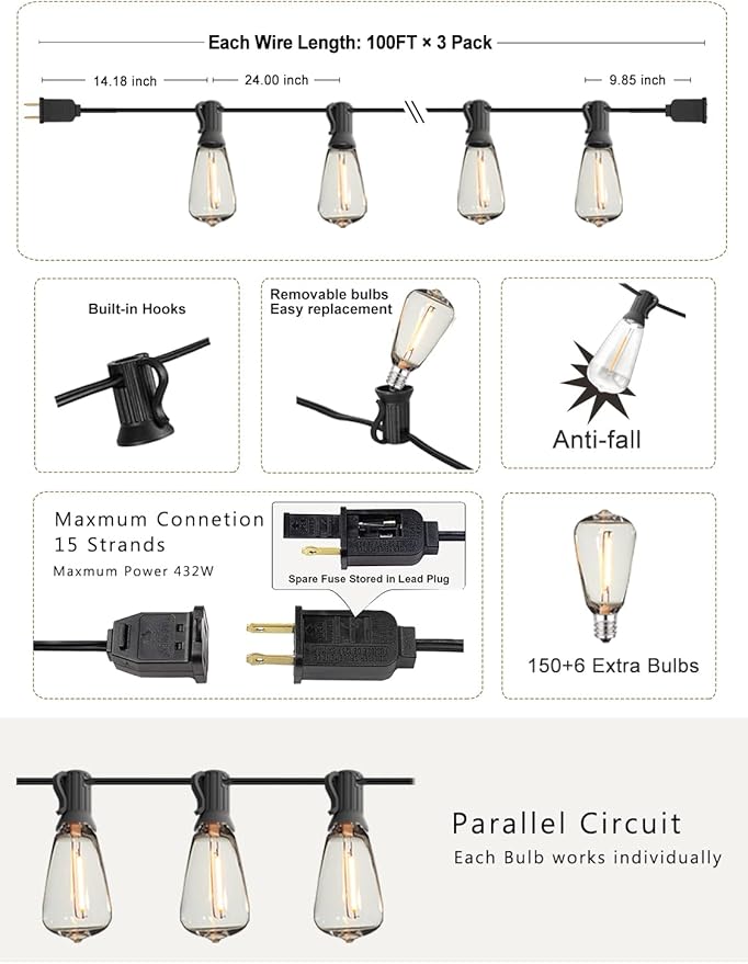 DAMAING String Lights for Outside 300FT shatterproof connectable Patio Lights - Image 6