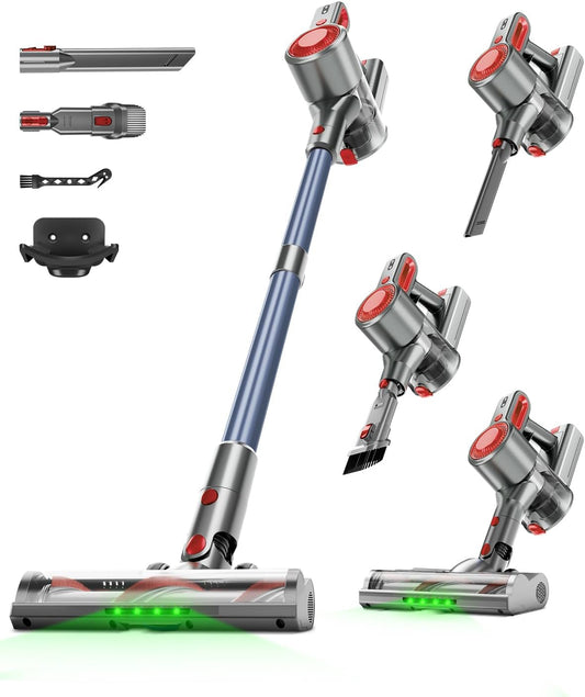 Cordless Vacuum Cleaner, 30Kpa Lightweight Stick Vacuum with 45 Mins Runtime, Rechargeable Battery, LED Anti-Tangle Brush, 6-in-1 Stick Vacuum for Carpet, Hardwood Floors & Pet Hair