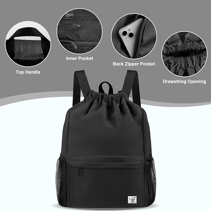 Drawstring Backpack with Mesh Pockets String Gym Bag Sackpack Sandproof Water - Image 4