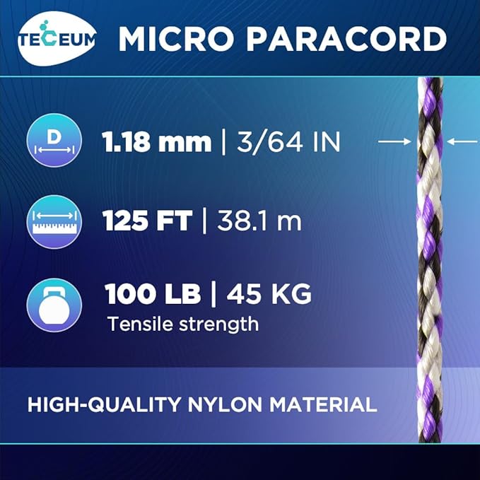 TECEUM Micro Paracord – 1.18 mm X 125 ft – Micro Utility Cord – Thin Braided - Image 2