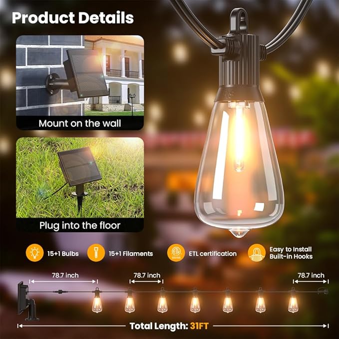 31FT Solar String Lights Outdoor Waterproof IP65 - Image 2