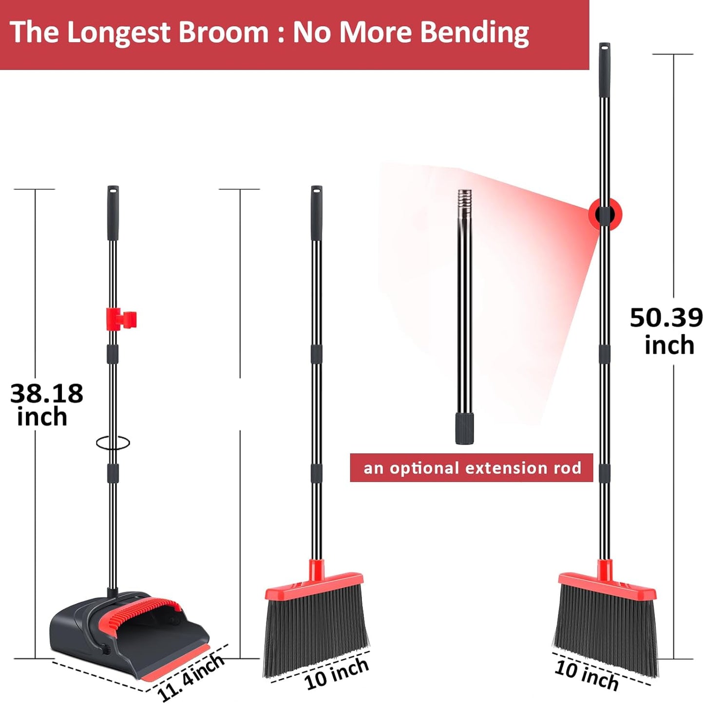 kelamayi Upgrade Broom and Dustpan Set, Broom with Dustpan Combo Set, Large Size and with Long Handle, Upright,Ideal for Indoor Outdoor Garage Kitchen Room Office Lobby Use (Black&Red)