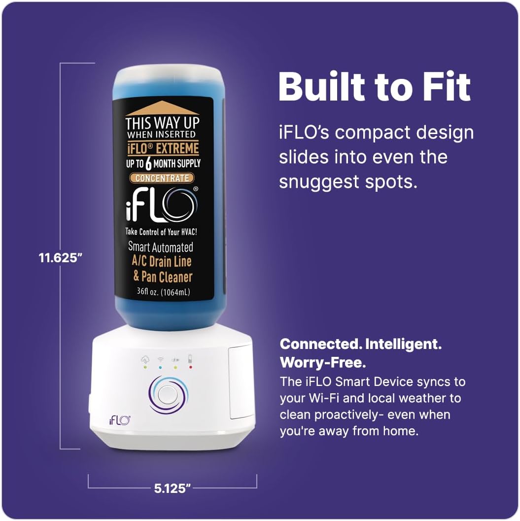 iFLO® Smart A/C Drain Line Cleaner and Drain Pan Cleaner Cartridge Concentrate, Fast-Acting, Long-Lasting HVAC System Solution for Tough Clogs & Buildup, 6-Month Supply per Bottle, 2 Pack of 36oz