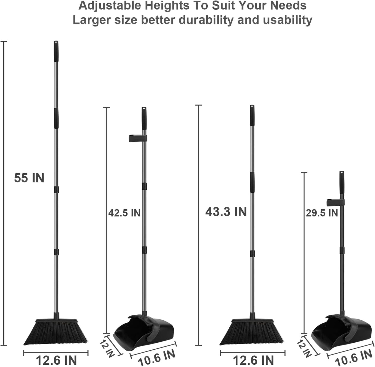 Broom and Dustpan Set, Large Household Broom with Dustpan Combo Set, 55" Long Handle Black Dust Pan Kit for Kitchen Lobby Office Indoor Outdoor