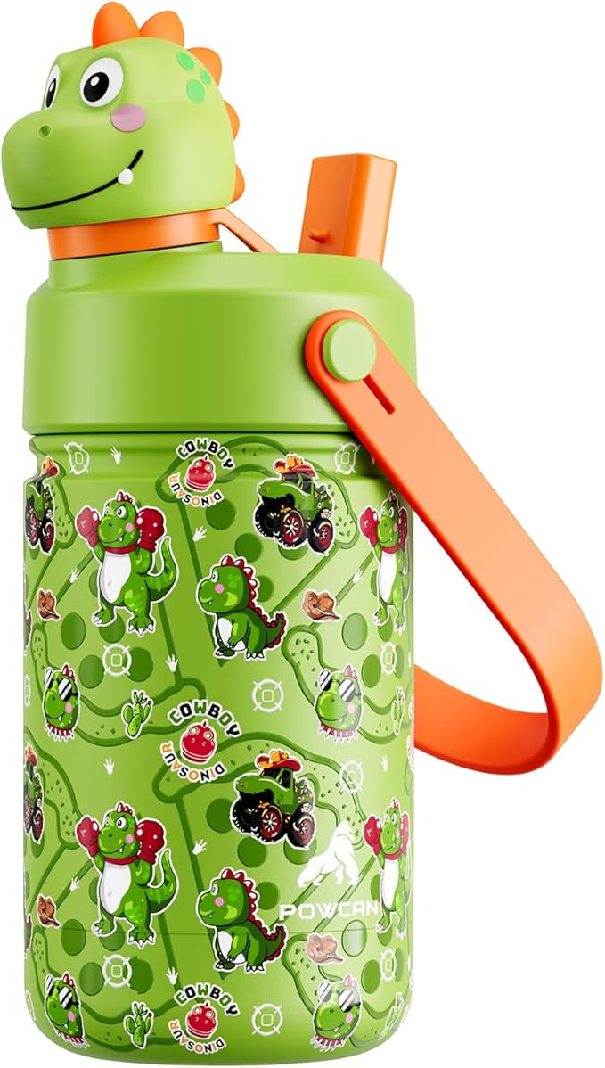 POWCAN 12 oz Kids Stainless Steel Water Bottle: 2-in-1 Straw Spout Lid by POWCAN