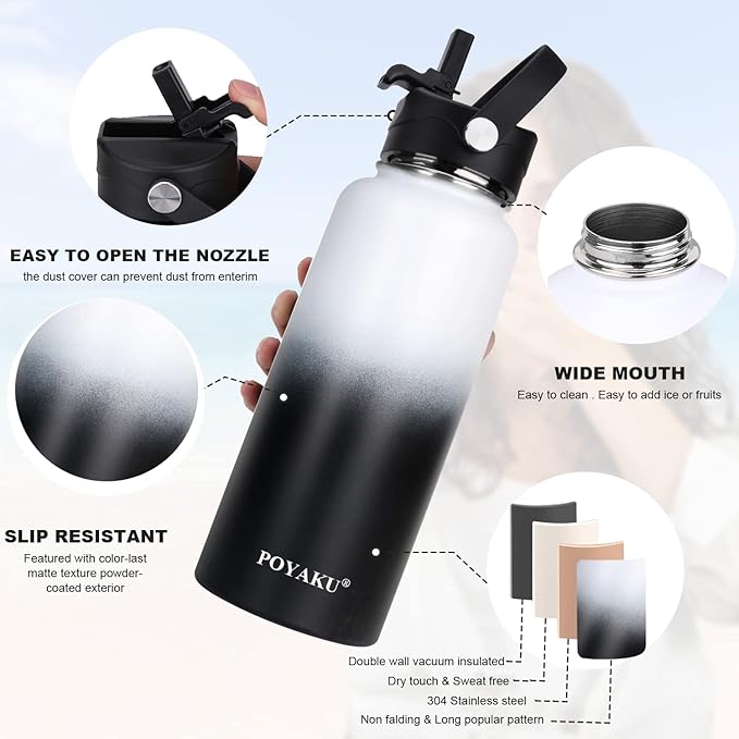 Water Bottle Insulated 32oz 40oz 64oz 128oz Straw Lid Spout Lid & 3 Lids - Image 4
