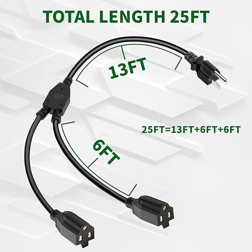 2 Way Power Extension Cord Splitter 25 Ft Total-3 Prong 1 to 2 Extension Cord - Image 2