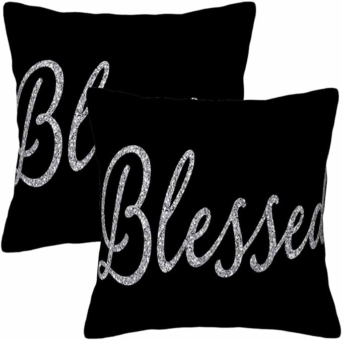 Bling Blessed White Throw Pillow Covers 18x18 Highlights Blessed Black Set of 2 by Unknown