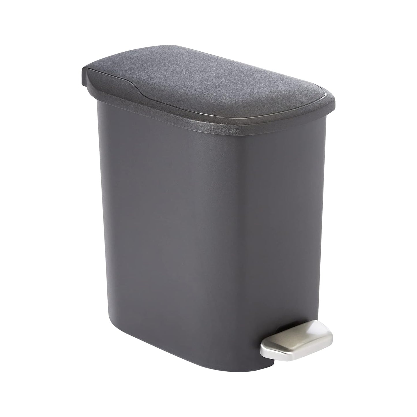 Amazon Basics Compact Plastic Bathroom Trash Can with Hands Free Foot Pedal, Quiet Close Step-On, 6 Liters, Black, Lid Included