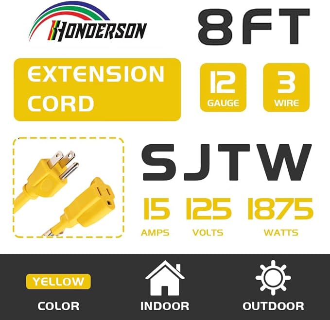 Indoor/Outdoor Extension Cord, 12 Gauge 8FT Yellow, 3 Prong Heavy Duty - Image 2