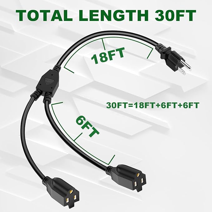 2 Way Power Extension Cord Splitter 30 Ft Total-3 Prong 1 to 2 Extension Cord - Image 2