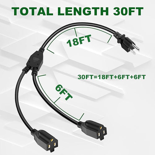 2 Way Power Extension Cord Splitter 30 Ft Total-3 Prong 1 to 2 Extension Cord - Image 2