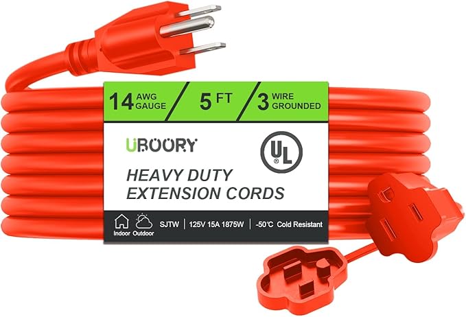 Outdoor Extension Cord Waterproof 5 FT, Flexible 100% Copper 3 Prong Extension by UBOORY