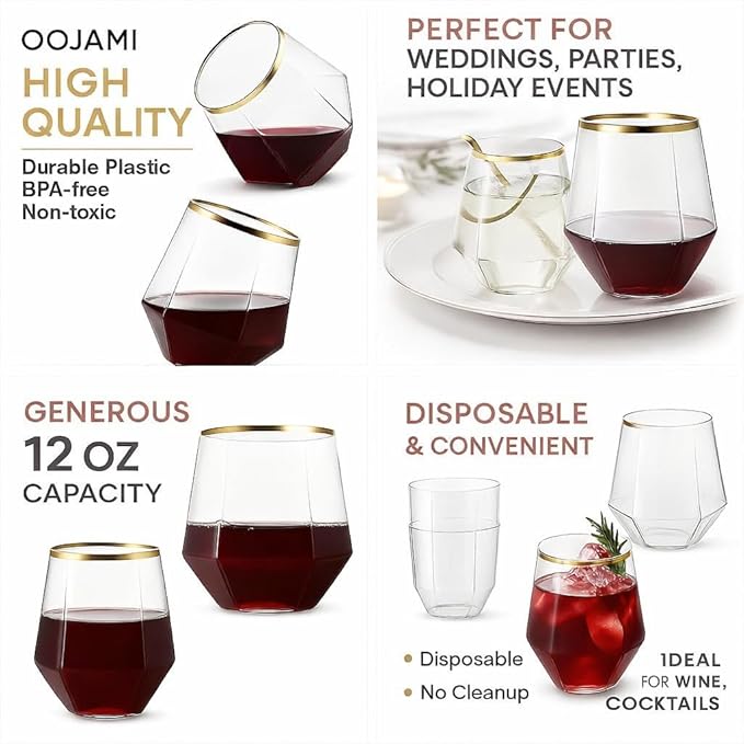 Oojami 40 count Diamond 12 Ounce Gold Rim Cups Unbreakable Stemless Plastic - Image 4