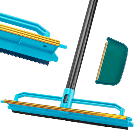 Carpet Rake for Pet Hair Removal Tool, Reusable Pet Hair Remover Broom with 56” Long Handle, Cat & Dog Hair Carpet Scraper for Rugs Mats Couch