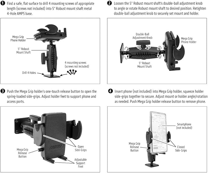 ARKON Mounts Drill-Base Mega Grip Phone Mount | Universal Phone Fit | 360° - Image 7