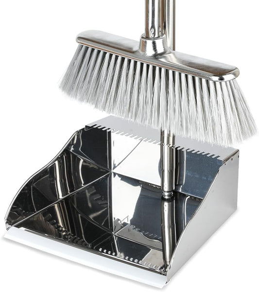 Broom and Dustpan Set,Soft Bristles Indoor Kitchen Broom with Stainless Steel Dustpan ，Metal Dust Pan，Silvery White, Suitable for Ceramic Tiles, Solid Wood, Composite Flooring