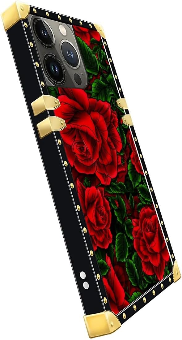 Compatible with iPhone 13 Pro Case, Vector Red Rose Green Leaf Luxury Golden - Image 4