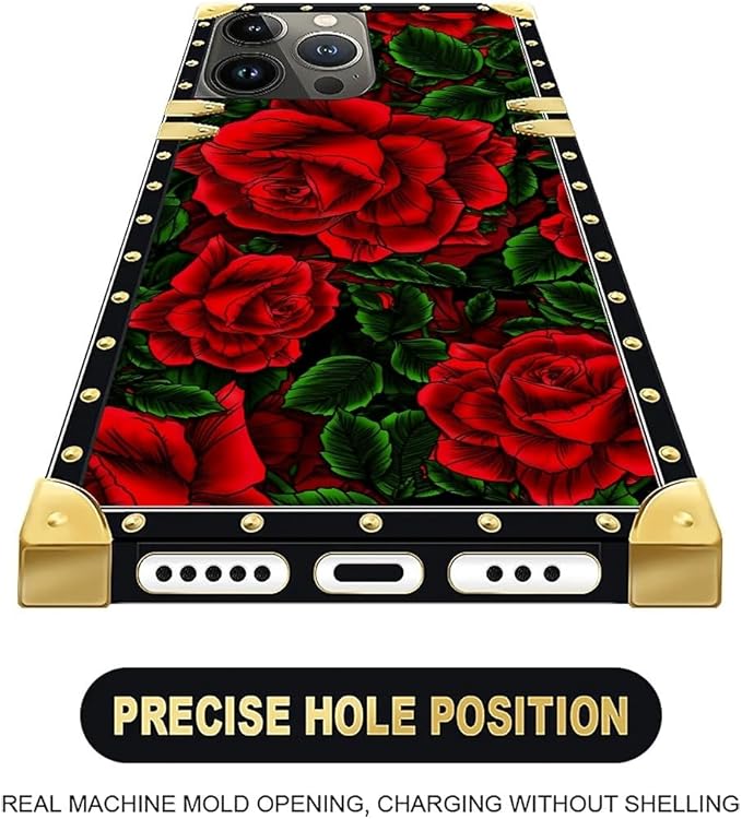 Compatible with iPhone 16 Pro Case, Vector Red Rose Green Leaf Luxury Golden - Image 5
