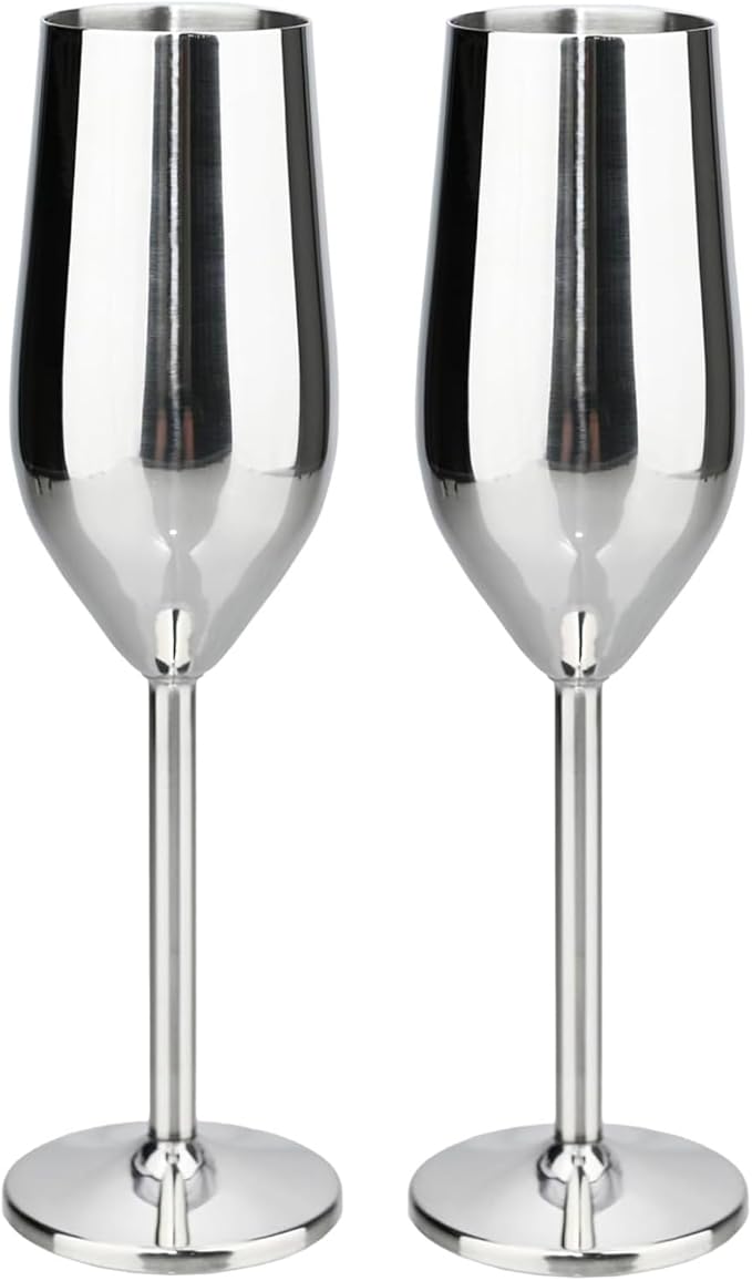 TJ Unbreakable 8 Oz Stainless Steel Champagne Flutes- Silver Champagne Glasses by TJ