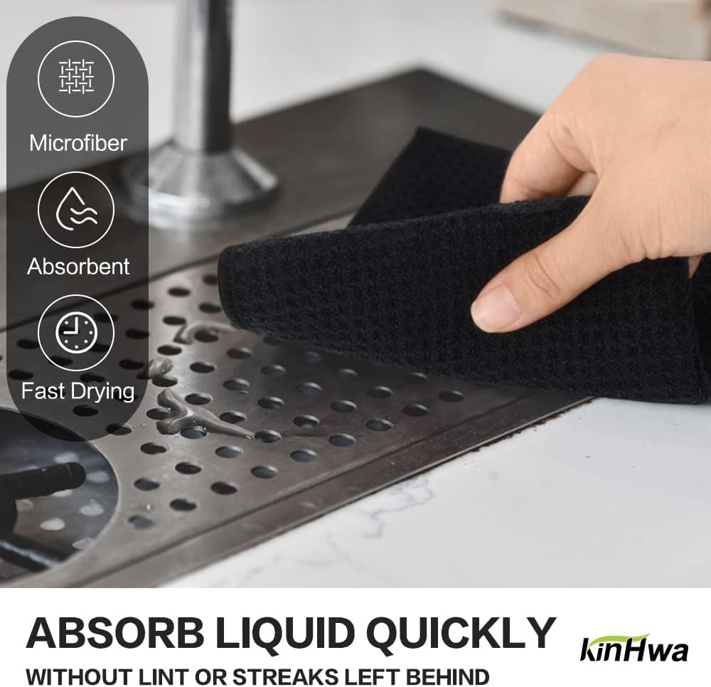 KinHwa Microfiber 6 Pack Dish Cloths Thick Waffle Weave Kitchen Dish Drying Towel Rags Super Absorbent Kitchen Tea Towels Sets 12inch x 12inch Black
