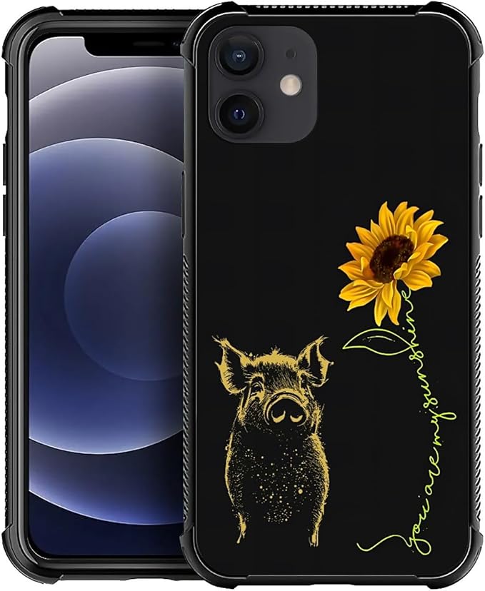 for iPhone 12/12 Pro Case, Pig Sunflower Yellow Sunshine Pattern Graphic Design by FKBRCL4U