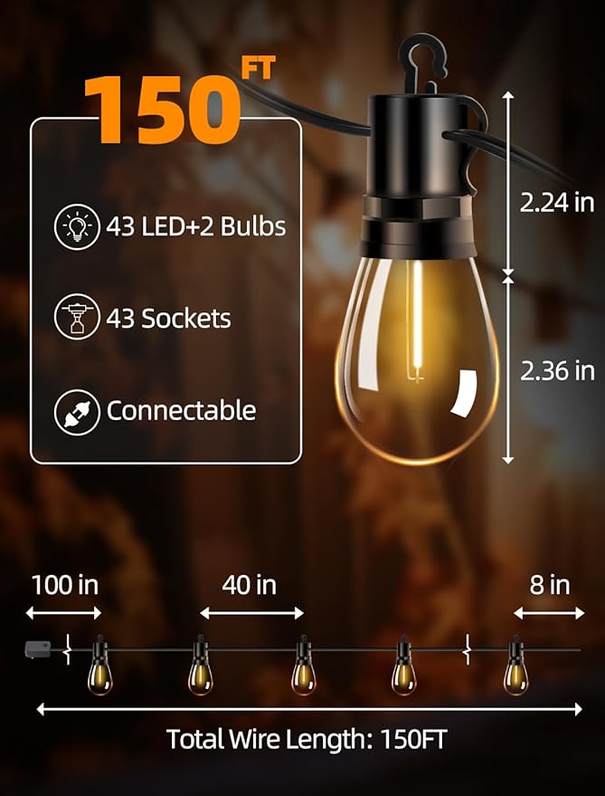 Outdoor Patio String Lights: S14 Shatterproof Bulb Outside Waterproof Light - - Image 6