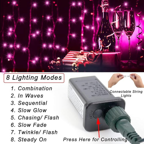 66 ft 200 LED Pink String Lights, Indoor Outdoor Connectable 8 Modes Clear Wire - Image 2