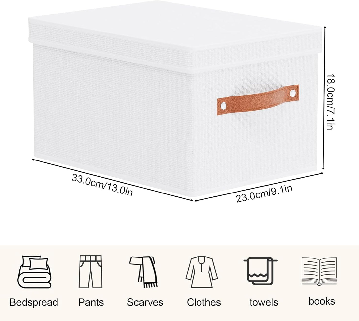 Fabric Storage Bins, 7.1 x 9.1 x 13 Inch Clothes Boxes for Shelves with Lids, Baskets for Organizing with Handles, Decorative Linen Closet Organizers, White, 1 Pack