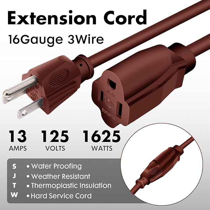 3ft Brown Extension Cord Waterproof, UL Listed, 16/3 SJTW Heavy Duty 3 Prong - Image 2