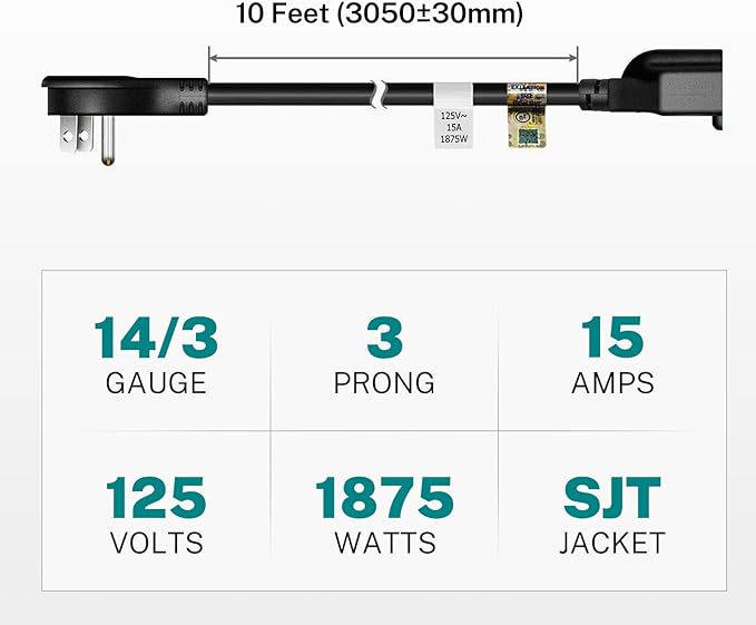 FIRMERST 1875W 10ft Flat Plug Extension Cord 14 AWG Black 15A - Image 2