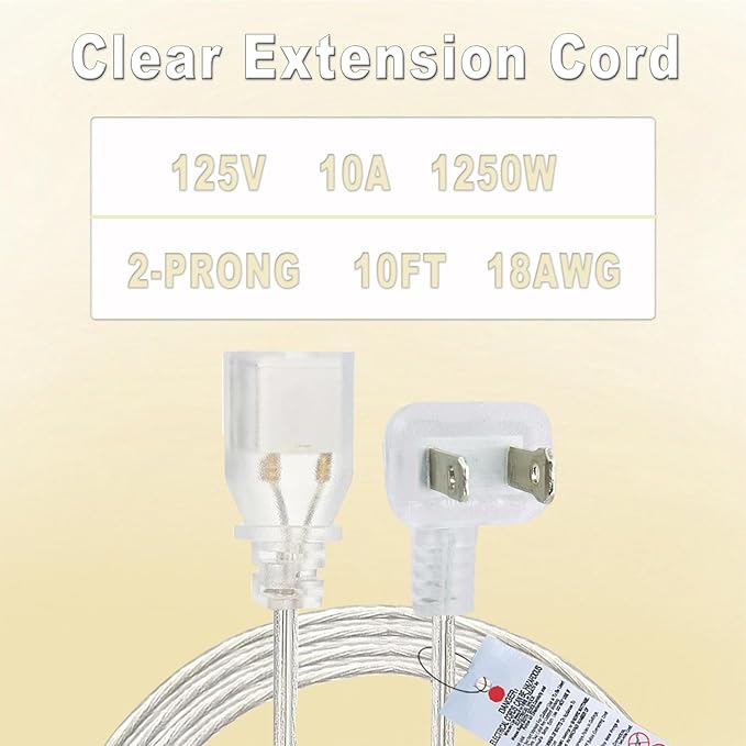 Clear Extension Cord 10 FT 2 Pack, Indoor Thin 2 Prong Extension Cord - Image 2